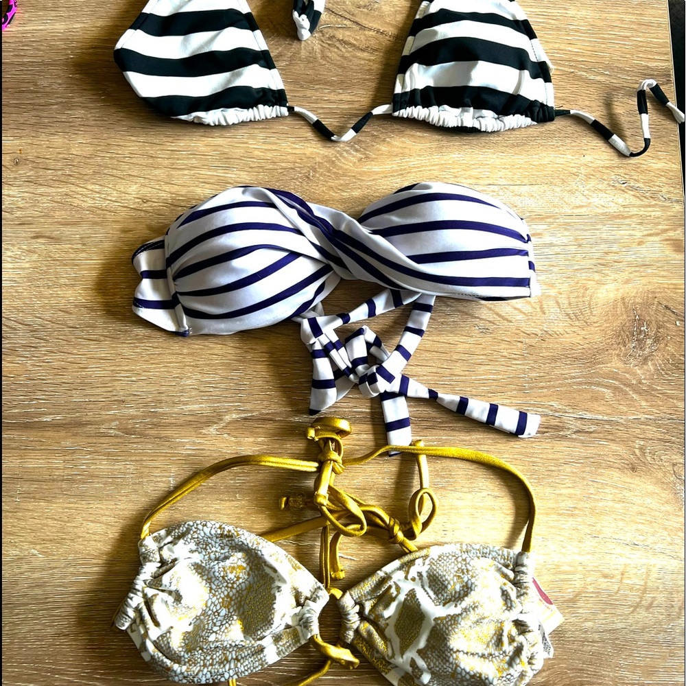 3 bikini tops- striped strapless, striped string, and gold print string